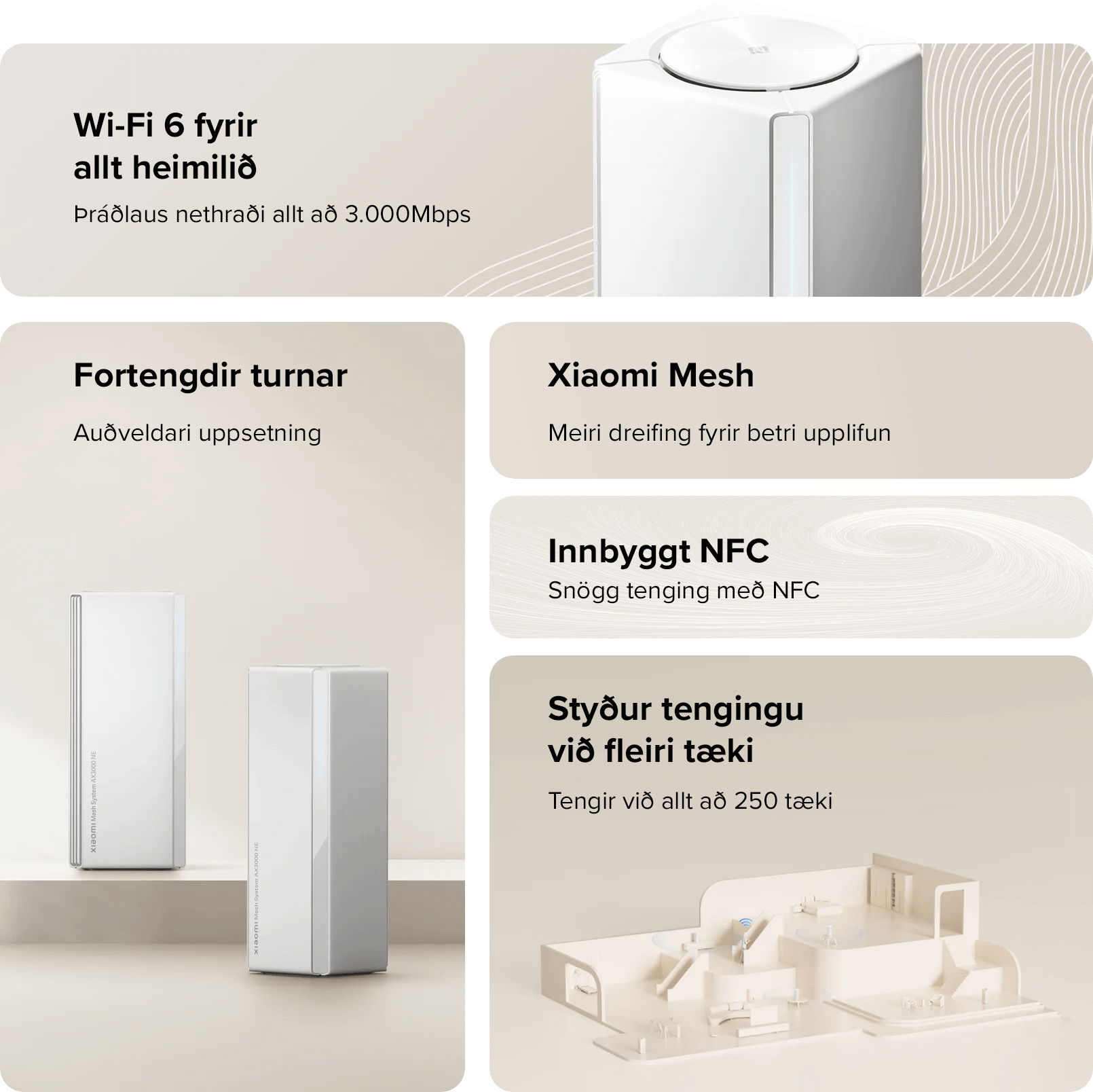 Xiaomi Mesh System AX3000 NE netbeinir með möskvakerfi